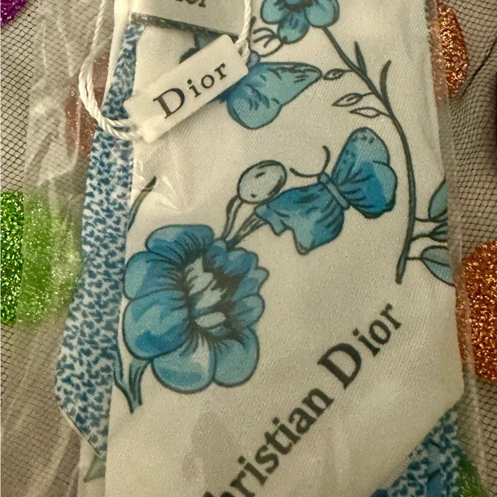Christian Dior Blue Floral Butterfly Twilly Scarf with White Gift Box and Bag
